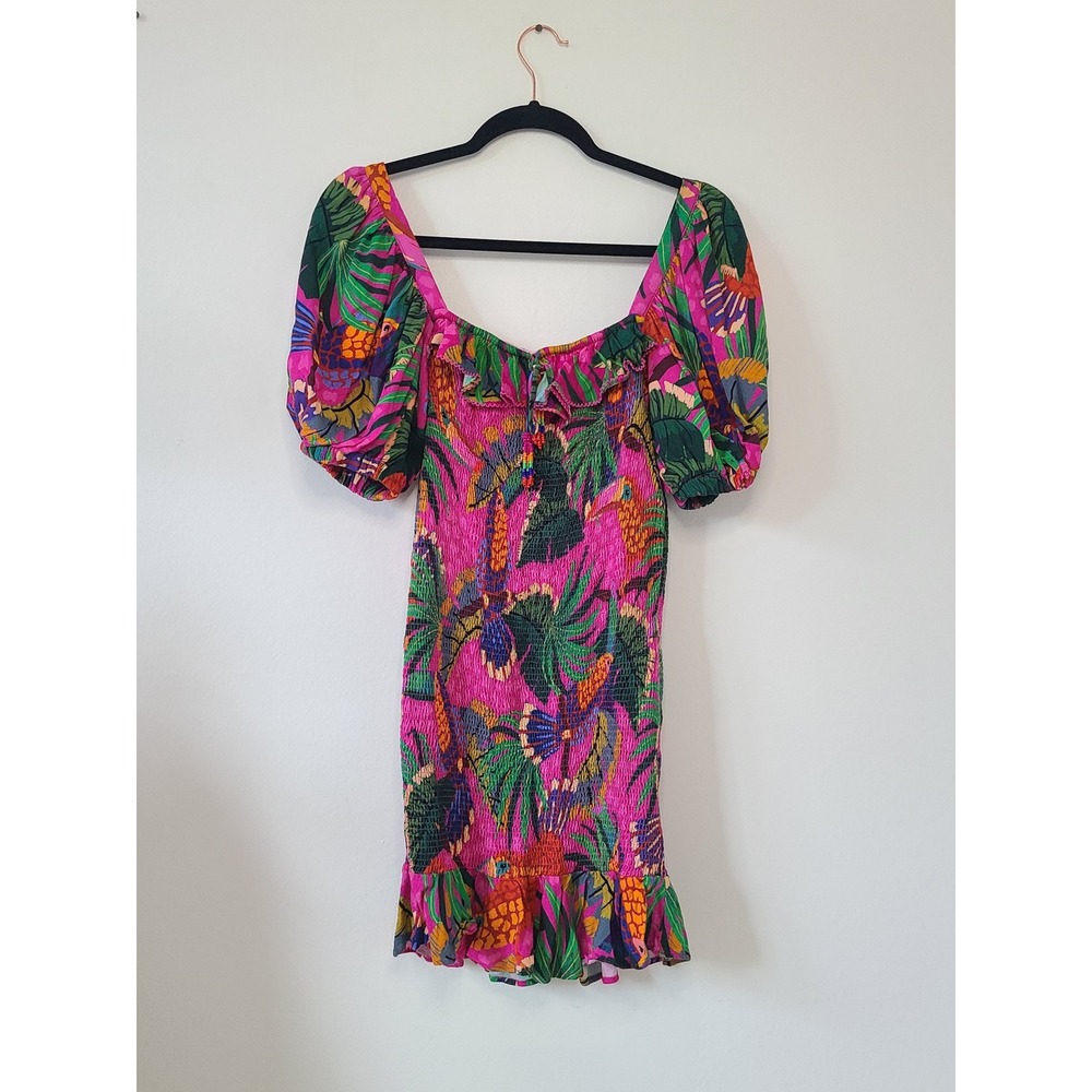 Farm Rio Toucan Vibrant Tropical Mini Dress Size S Ruffel Beaded